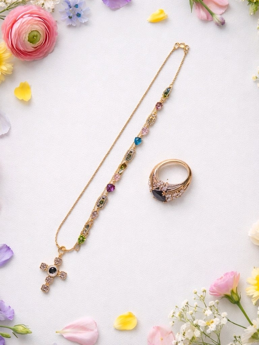 Mother's Day Sale- Gold MulticolorBracelet Cross Necklace,Black Stone Ring  $45